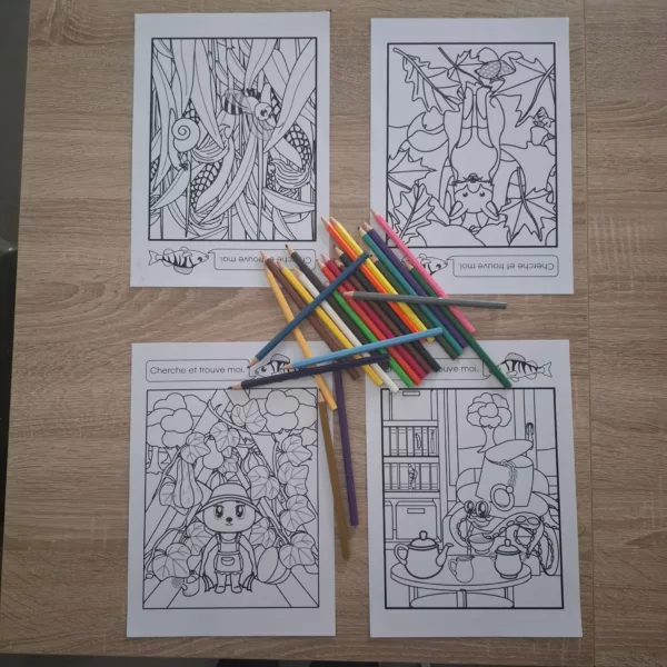 Un set de 4 coloriages automnales sur le thème de l’automne, à télécharger gratuitement dans la boutique souvenir d’Orage Coloré.