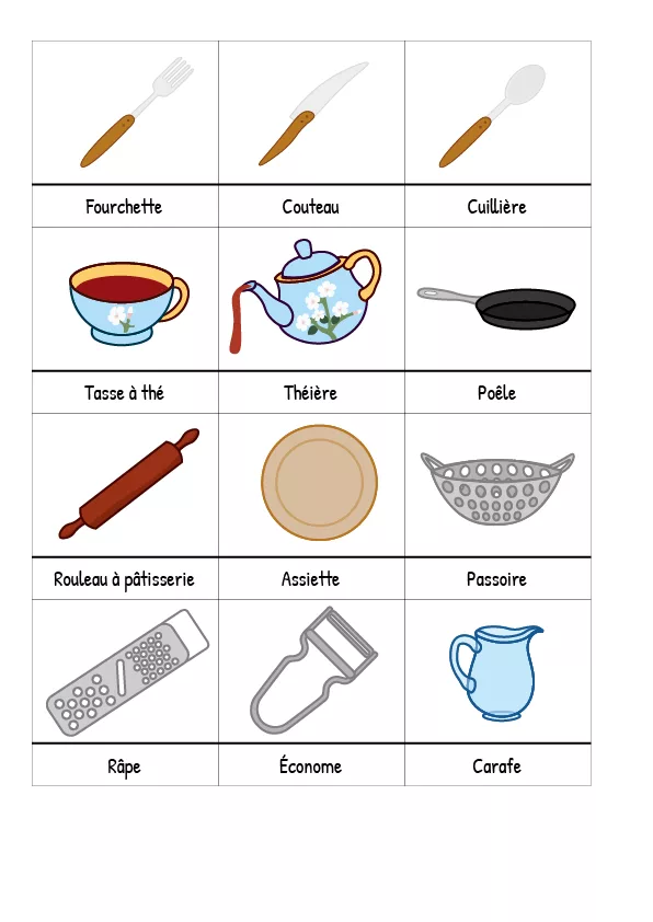 Memory Pictogramme - Ustensile de cuisine PDF – Paires parfaites